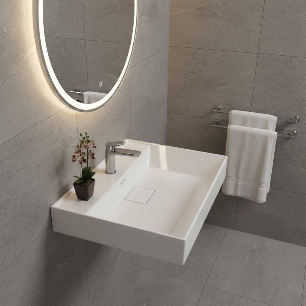 Bathroom Sink Wall-Mount Ceramic With Drain Cover