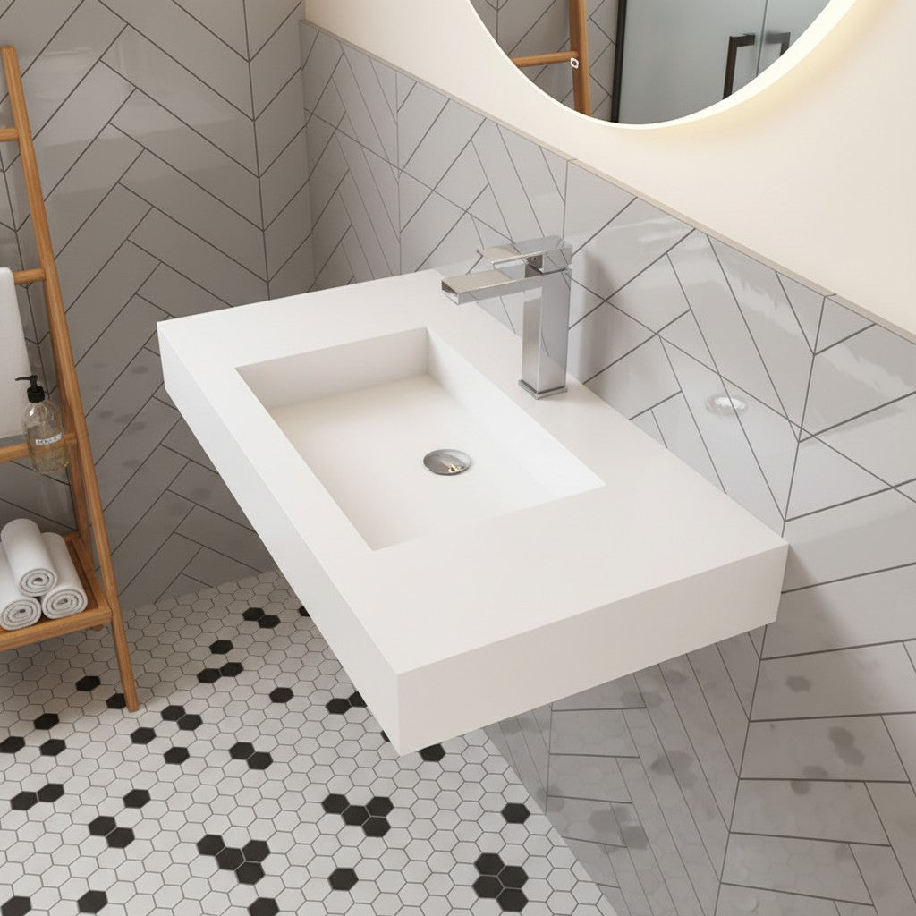 Bathroom Sink Wall-Mounted Solid Surface With Drain