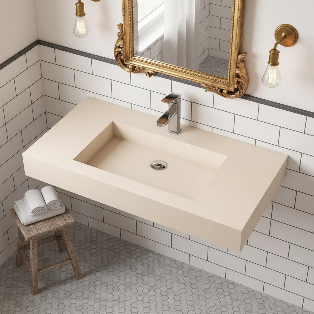 Bathroom Sink Wall-Mounted Solid Surface With Drain