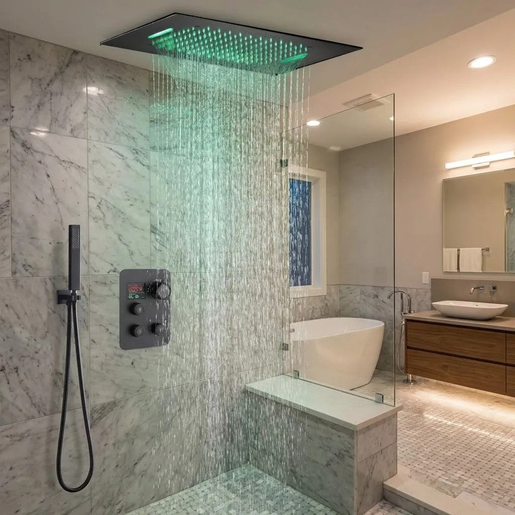 Multi-Finish Ceiling Mount Shower System with Thermostatic Valve