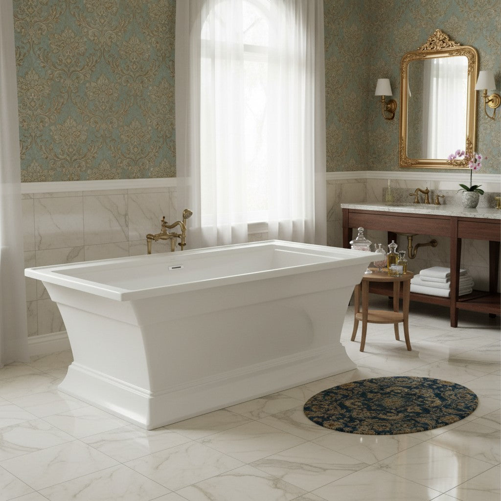 White Freestanding Soaking Bathtub with Integrated Overflow